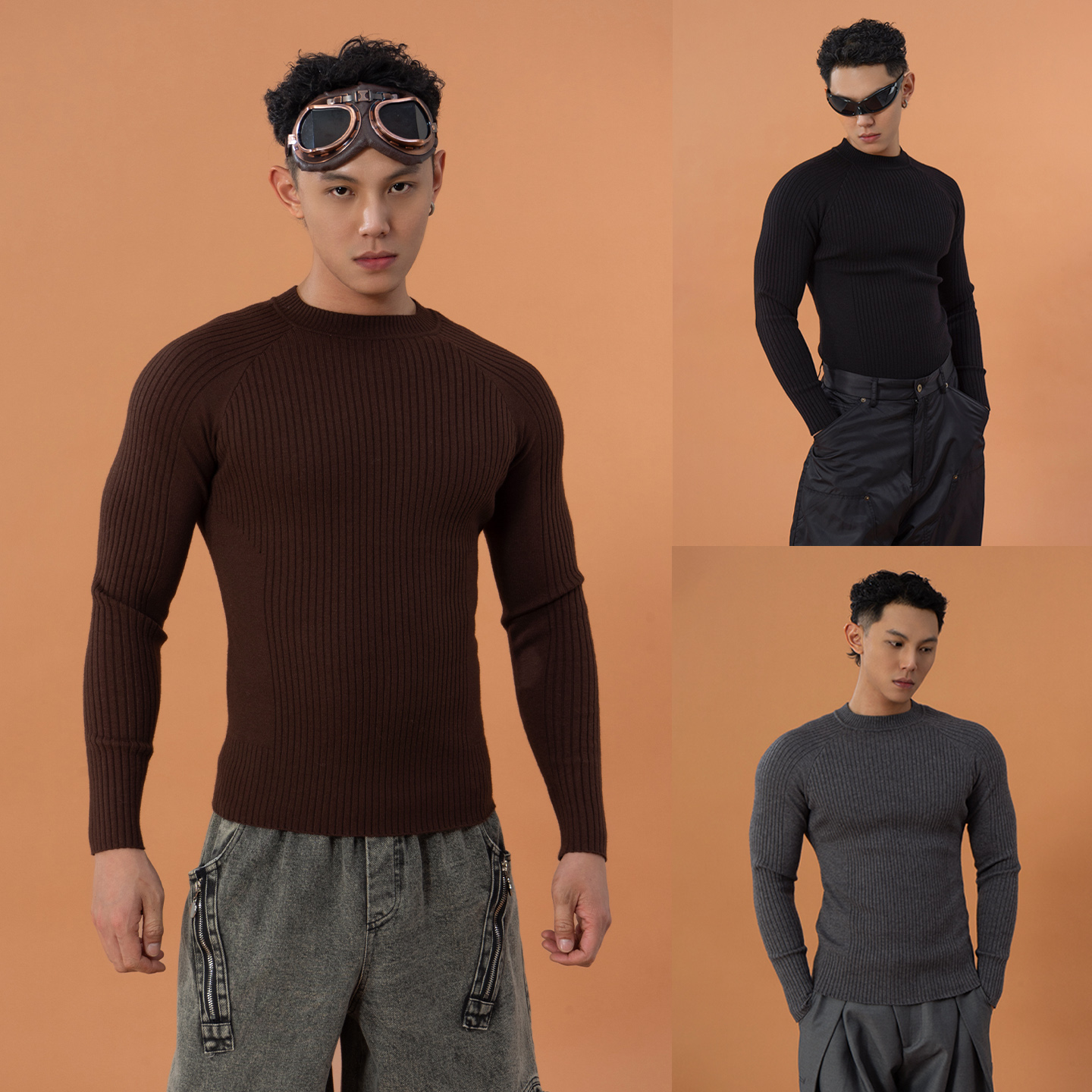 CLP黑灰咖色罗纹修身针织衫