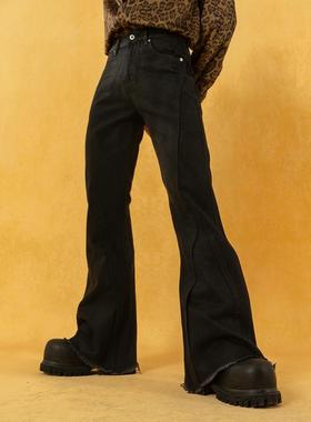 CLP黑色弧线拼接修身喇叭牛仔裤男超长拖地显高时尚潮流休闲复古