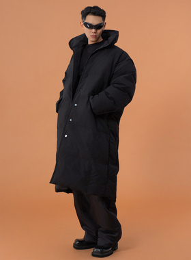 CLP黑色长款羽绒服大衣男宽松过膝廓形加厚保暖立领休闲鸭绒白搭