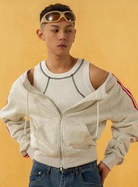 CLP花灰色一字领宽肩条纹运动卫衣男女拉链宽松短款休闲复古开衫