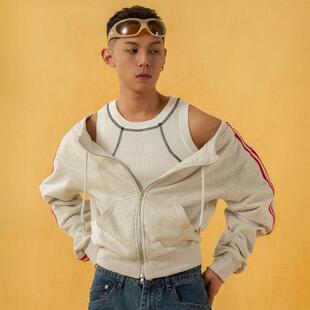 CLP花灰色一字领宽肩条纹运动卫衣男女拉链宽松短款 休闲复古开衫