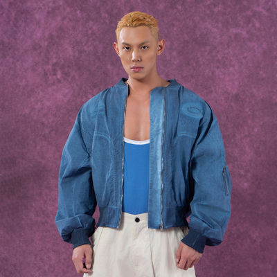 CLP灰蓝色扎染肌理拉链棒球夹克