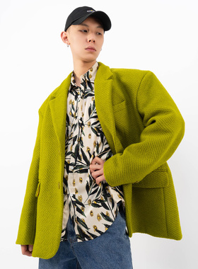 CLP黑色绿色条纹毛呢西装外套男宽松大衣休闲廓形宽肩复古流行ins