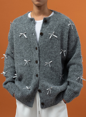 CLP灰色蝴蝶结毛衫针织衫毛衣外套男宽松长袖排扣开衫休闲羊毛ins