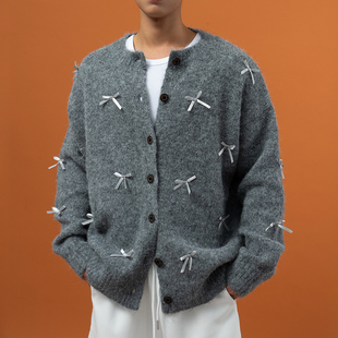 排扣开衫 毛衣外套男宽松长袖 休闲羊毛ins 针织衫 CLP灰色蝴蝶结毛衫