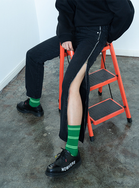 CLP黑色侧面拉链开衩设计牛仔裤男直筒修身潮流高街复古休闲显高