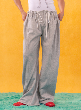 CLP灰色抽绳松紧腰毛圈布休闲裤运动裤男宽松直筒阔腿垂感卫裤潮