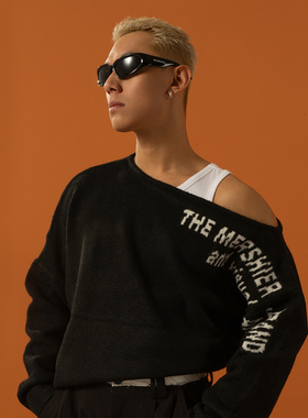 CLP黑红灰船领宽松露肩针织衫毛衣男女潮流弹力羊毛落肩潮流长袖