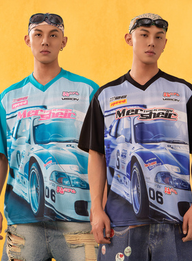 CLP蓝黑色赛车印花运动短袖宽松T恤男廓形插肩袖透气休闲潮流夏