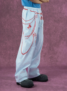 CLP白色蓝条纹链条印花休闲裤男松紧腰宽松阔腿直筒束脚街头潮流