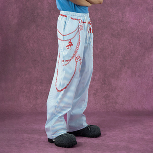 CLP白色蓝条纹链条印花休闲裤 男松紧腰宽松阔腿直筒束脚街头潮流