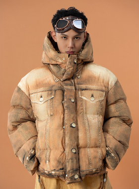 CLP黄色连帽廓形棉服短款外套复古做旧印花废土风宽松加厚棉衣