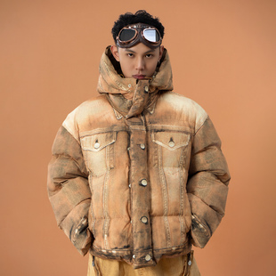 CLP黄色连帽廓形棉服短款 外套复古做旧印花废土风宽松加厚棉衣