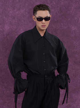 CLP黑白色荷叶袖束口飘带长袖衬衫男休闲宽松复古高级感酷飒chic