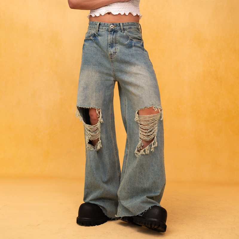 CLP蓝色复古破洞阔腿牛仔裤男宽松直筒水洗做旧刮烂潮流休闲拖地