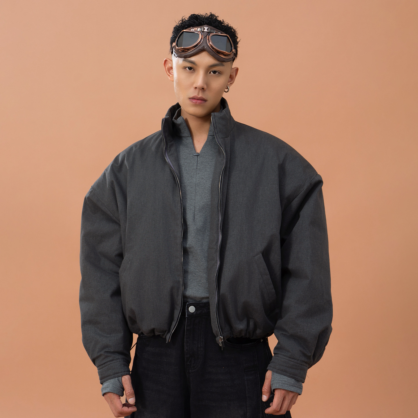 CLP灰色宽肩阔型加绒夹克外套