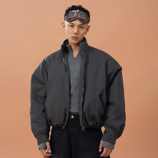 CLP灰色宽肩阔型加绒夹克棉服外套男宽松阔型休闲夹棉保暖短款 潮