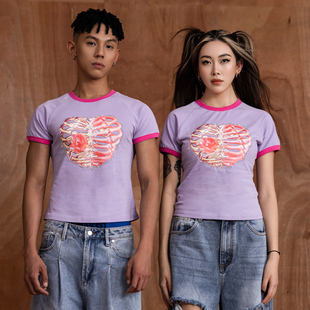 心形设计联名休闲潮 T恤男女短款 CLP紫色爱心闪钻骨架印花修身 短袖