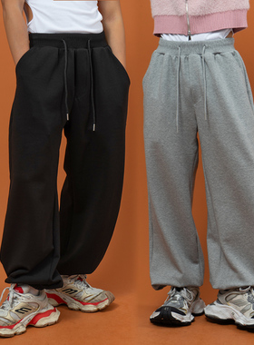 CLP黑灰色束脚抽绳运动休闲裤卫裤男长裤松紧腰弹力宽松直筒阔腿