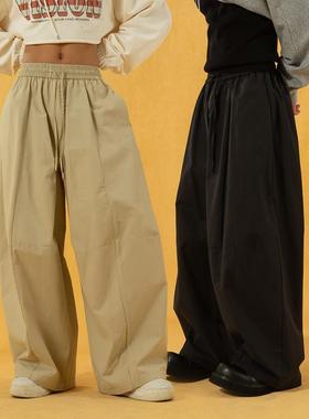 CLP卡其色黑色松紧腰大阔腿抽绳休闲裤裤褶宽松直筒垂感潮流长裤