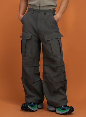 CLP黑灰绿色多层裤褶多口袋工装裤休闲裤阔腿宽松直筒潮流长裤ins