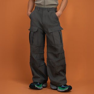 阔腿宽松直筒潮流长裤 CLP黑灰绿色多层裤 休闲裤 裤 ins 褶多口袋工装