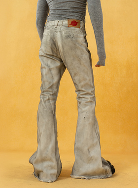CLP灰白做旧复古超长拖地牛仔裤男修身拼接直筒喇叭刮烂显高潮流