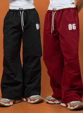 CLP黑红色蕾丝边双层松紧腰运动裤休闲裤男女宽松直筒阔腿抽绳潮