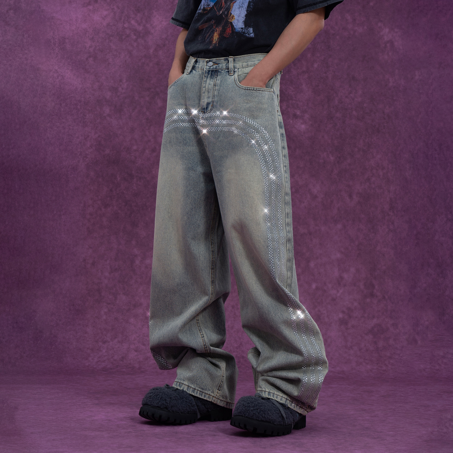 CLP浅蓝色烫钻弧线阔腿牛仔裤