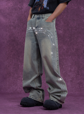 CLP浅蓝色亮片烫钻弧线牛仔裤男宽松阔腿直筒弯刀裤做旧复古休闲