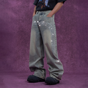 CLP浅蓝色亮片烫钻弧线牛仔裤 做旧复古休闲 男宽松阔腿直筒弯刀裤