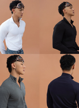 CLP黑灰白色拉链小高领修身长袖T恤男打底衫弹力运动休闲百搭潮流