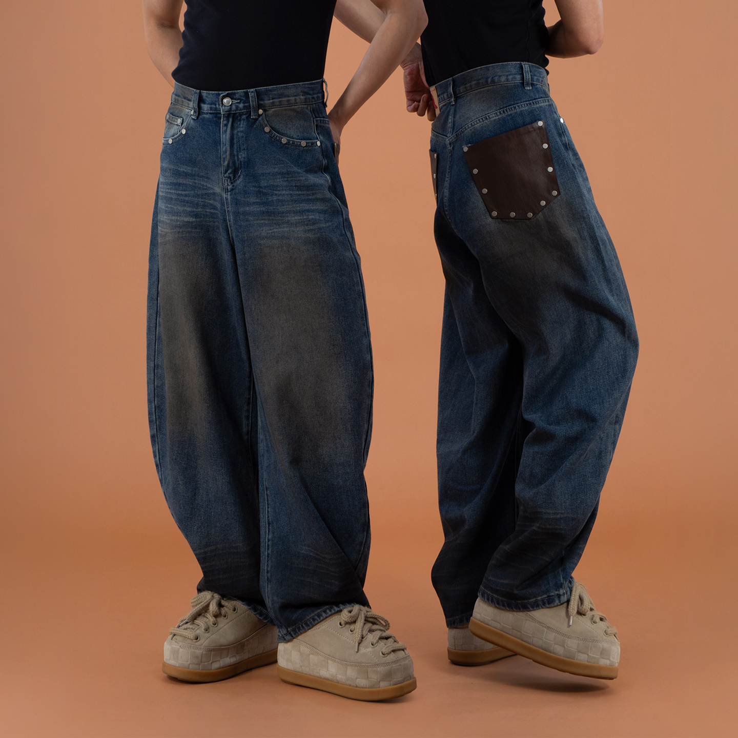 CLP蓝色铆钉拼皮口袋牛仔裤