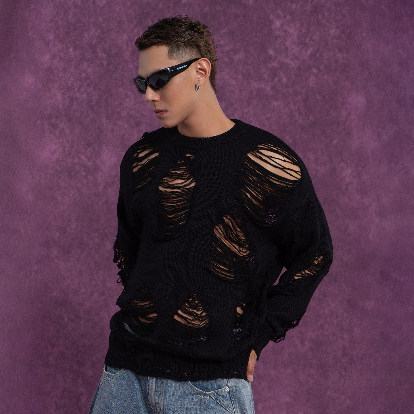 CLP黑白破洞镂空宽松针织衫毛衣