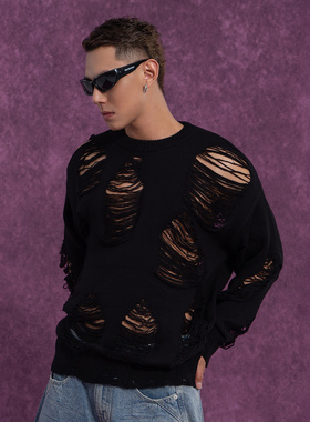 CLP黑白破洞镂空针织衫毛衣男女休闲宽松划破痞帅慵懒潮流街头ins