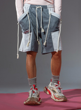 CLP灰色拼接绳索设计运动裤休闲裤短裤男五分松紧腰宽松弹力阔腿