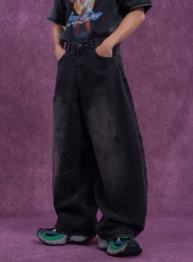 CLP黑色阔腿弯刀裤褪色复古休闲牛仔裤男做旧宽松挺阔酷飒街头ins