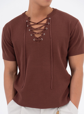 CLP米白砖红色交叉领抽绳宽松短袖T恤上衣休闲男潮流复古男士简约