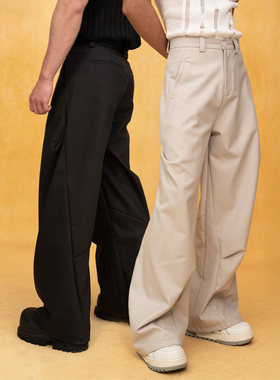 CLP黑白色斜裁拼接设计休闲裤西裤男宽松阔腿直筒复古潮流垂感潮