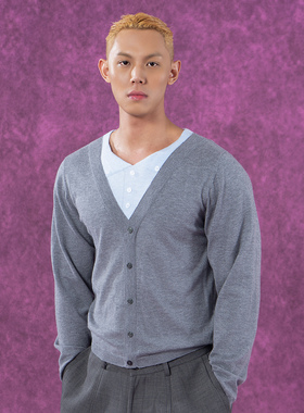 CLP灰色假两件双层假开衫套头针织衫毛衣男女长袖修身休闲潮复古