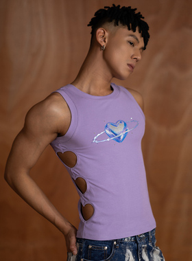 CLP紫色爱心印花弹力背心男女腰部镂空闪钻银漆破洞修身原创联名