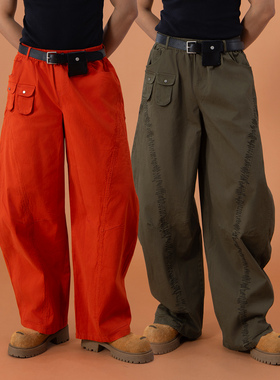 CLP绿橘色腰带腰包多口袋弯刀阔腿工装休闲裤男宽松直筒松紧腰Y2K