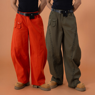 CLP绿橘色腰带腰包多口袋弯刀阔腿工装 男宽松直筒松紧腰Y2K 休闲裤
