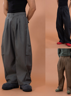 CLP黑灰咖色阔腿休闲裤西裤男宽松弯刀裤复古潮流百搭直筒长裤ins