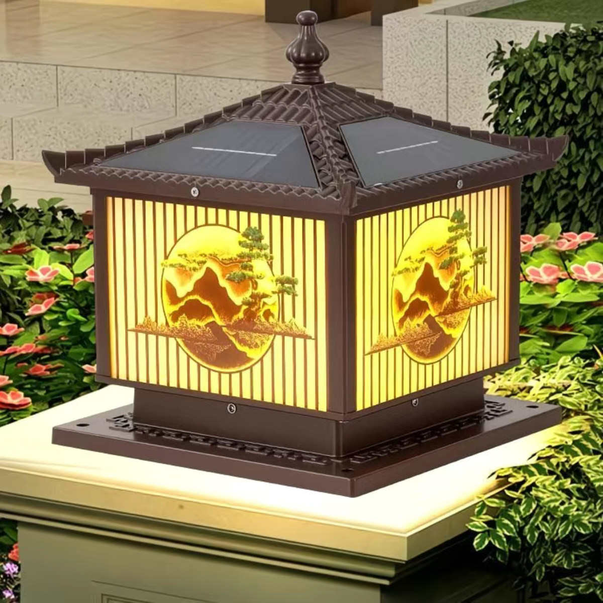 新款中式压铸铝太阳能柱头灯图片