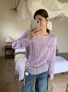 欧洲站2026年春夏新款女缤典正品时尚百搭圆领长袖针织衫镂空毛衣