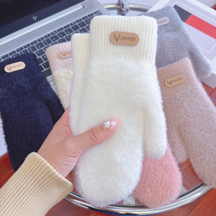 连指手套女士冬季骑车保暖防寒成人学生百搭加绒加厚双层全包指套