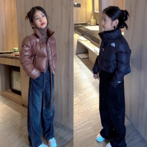 高级感咖色女童立领短款白鸭绒羽绒服2023冬装洋气女孩儿童外套潮