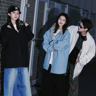 fitcheck格子拼接夹克男春秋复古设计感无帽上衣美式翻领情侣外套