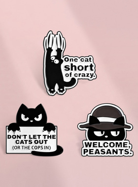 可爱幽默暗黑风黑猫卡通胸针金属徽章学生衣服包包装饰笔袋挂件